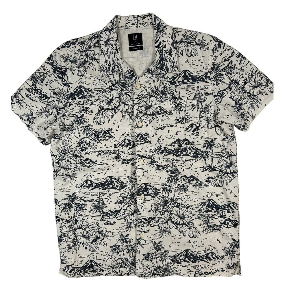 GAP Tropical Hawaiian Shirt Men’s Large Button Down Blue White Cotton
